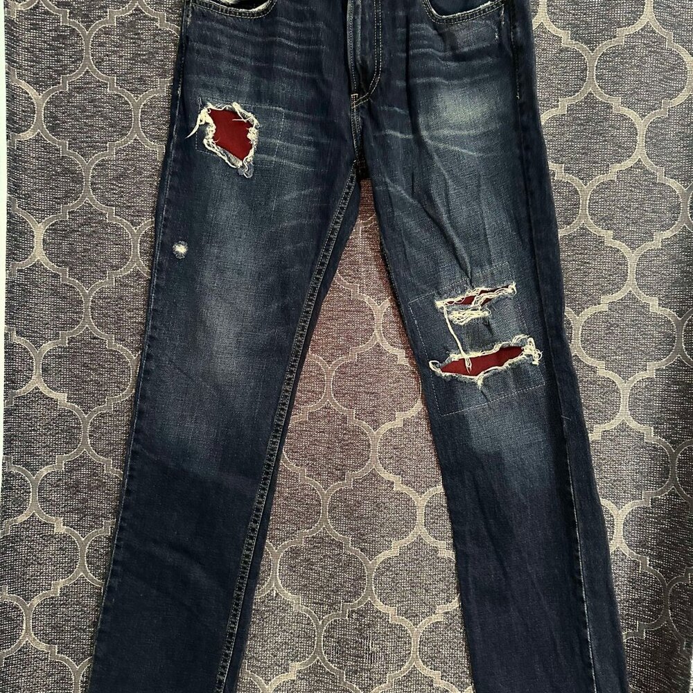 Hollister men's 32x32 blue denim distressed and patched slim straight jeans EUC